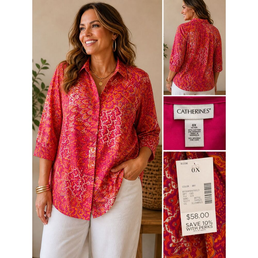 Paisley Button Front Blouse Pink Orange Boho Tunic Top Plus Size NWT